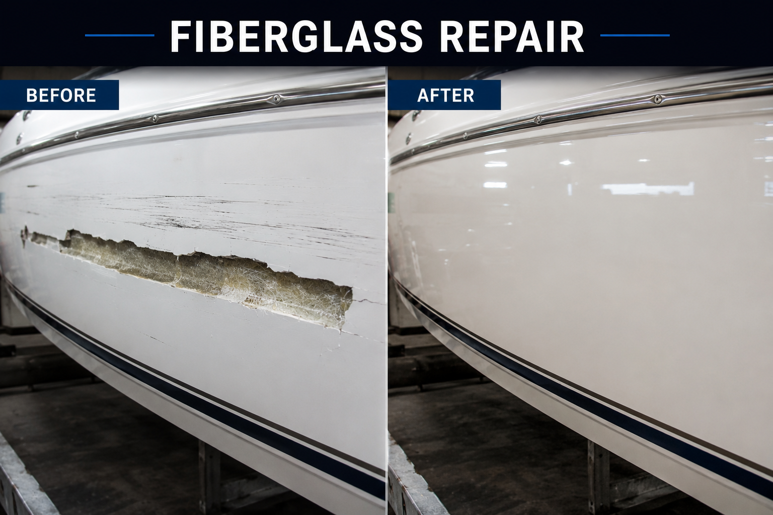 Before and after of a fiberglass and gel coat repair